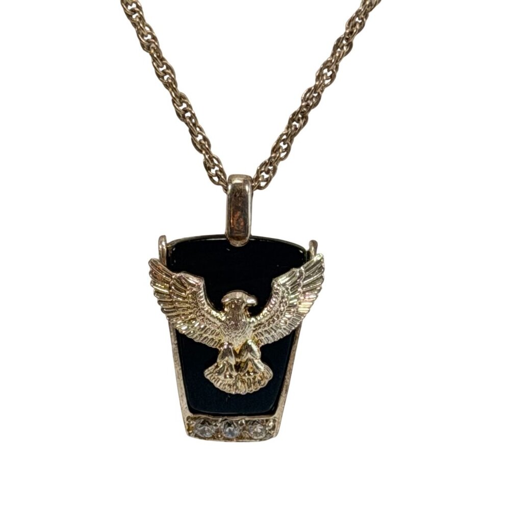 Vintage American Eagle Silver Tone Onyx Eagle Pendant Necklace CZ Stones 18" - Picture 7 of 11
